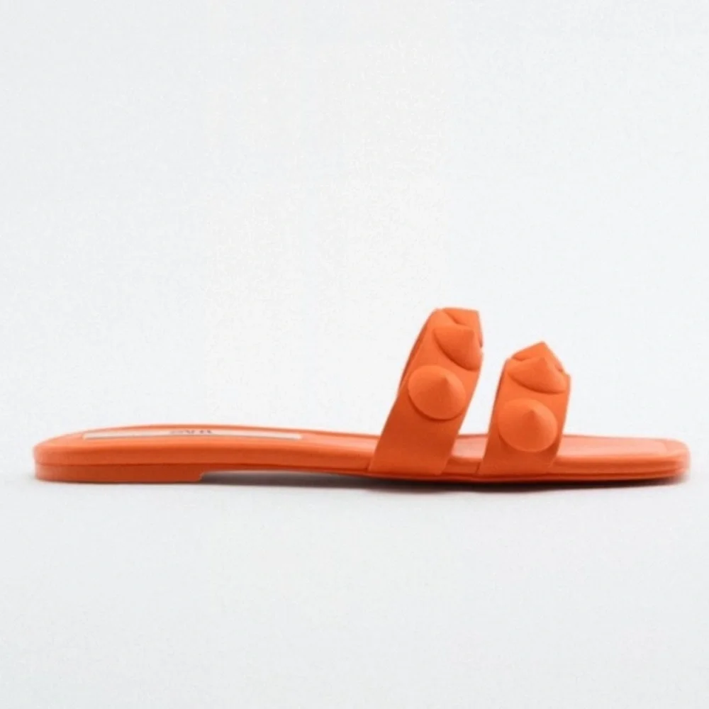 Zara Neon orange studded sandals, designer - Picture 4 of 8